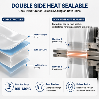 کیفیت Low Temperature Low Friction Both Sides Heat Sealable BOPP Film for Printed Branded Food Packaging کارخانه
