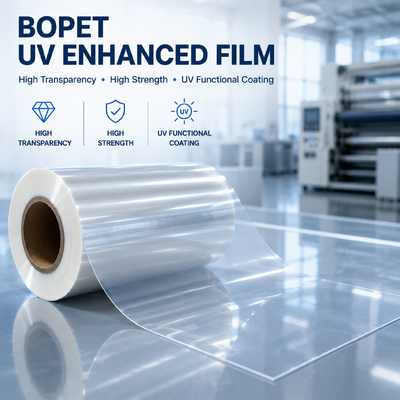 Qualité UV Enhanced Coated BOPET Film 12um 15um Electronics Label High Gloss Corona Treated UV Ink Adhesion Usine