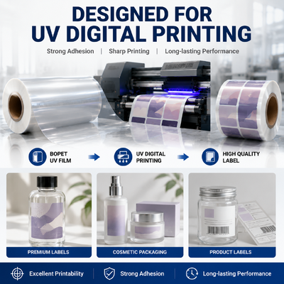 Qualität UV Enhanced Coated BOPET Film High Gloss Low Haze for Cosmetic Packaging Fabrik