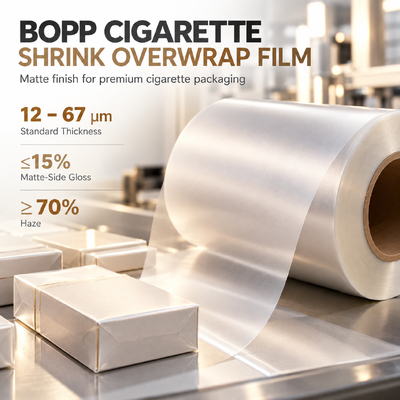 गुणवत्ता BOPP Cigarette Shrink Over-Wrap Film 20μm Low COF High Speed Packing Machine Grade Low Static कारखाना