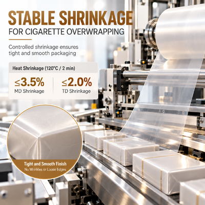 คุณภาพ BOPP Cigarette Shrink Over-Wrap Film 21μm Crystal Clear High Transparency Printability Grade โรงงาน