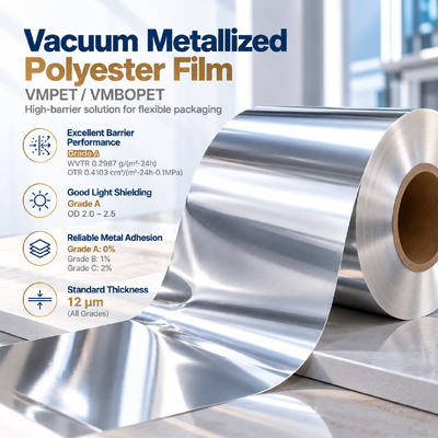 جودة VMBOPET Film High Gloss Mirror Metallic Vacuum Coated Polyester Packaging Grade Bright Finish مصنع